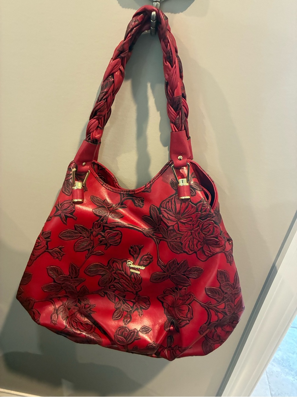 CUOIERIA FIORENTINA Red Floral Embossed Braided-Handle Hobo leather Bag. - Picture 12 of 13